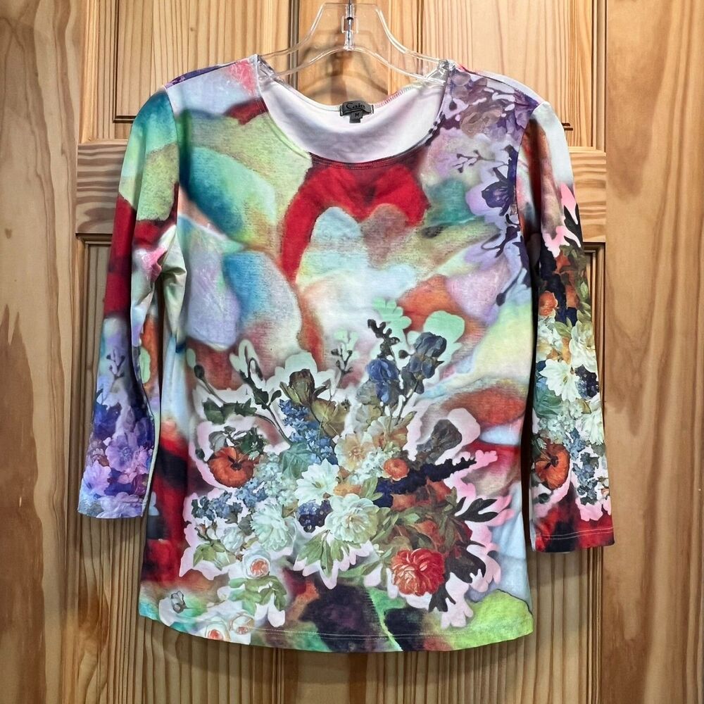Caia Floral Abstract Top Medium Art To Wear 3/4 Sleeve Vibrant